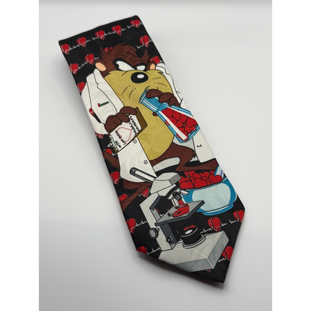 Looney Tunes Taz Scientist Heart EKG Tie OS Vintage 90s Cartoon Novelty Retro